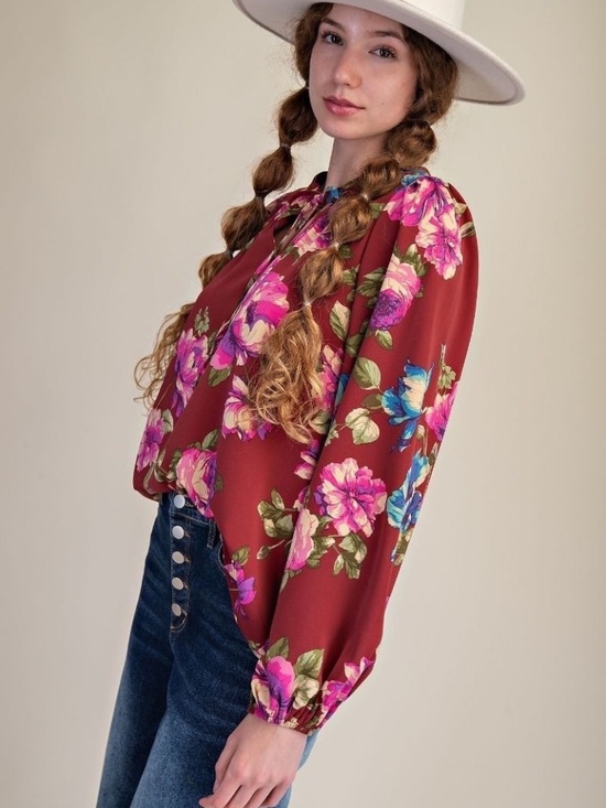 Easel Los Angeles Tops - New Easel Women's Floral Tie Neck Blouse Pullover Red Long Sleeve Relaxed Fit